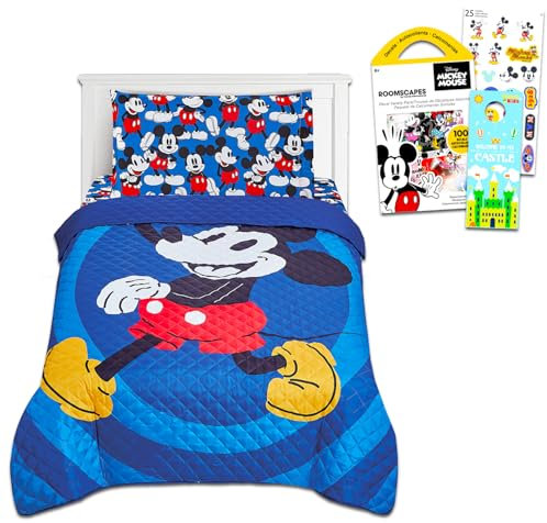 Mickey Mouse Bettwäsche-Set für Kinder – Set mit Mickey-Tagesdecke, Bettlaken, Spannbetttuch, Kissenbezug für Doppelbett plus Aufklebern, mehr, Mickey Mouse Schlafzimmerdekoration