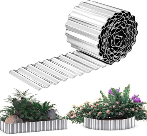 Bordures de pelouse en métal galvanisé ondulé, bordure paysagère, longues bandes flexibles pour légumes, parterres surélevés, bordures d'arbres de fleurs - Argenté - 25,4 cm x 6,1 m