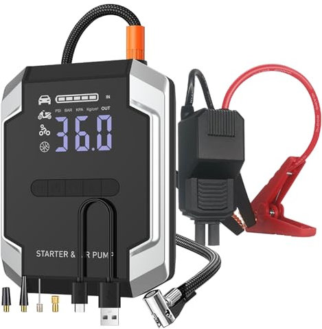 HUIOP Arrancador de batería con compresor de Aire,Compresor de Aire portátil para inflar neumáticos, Bomba de Aire eléctrica inalámbrica de 150 PSI, arrancador de batería de 20000 mAh 3000 A y
