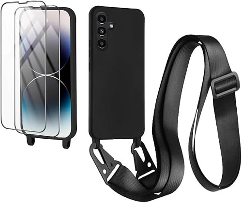 CaseLover Funda con Cuerda para Samsung Galaxy A16 4G/5G Carcasa con 2 Protector Pantalla Suave Silicona Líquida Case con Ajustable Collar Correa de Cuello Cordón Anti-Choque Funda Colgante, Negro