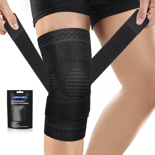Lexniush Kniebandage für Damen Männer, Kompression Kniestütze mit Riemen für Knieschmerzen, Meniskusriss, Arthritis, ACL, Einstellbares Bandage Knie für Fussball, Laufen, Sport, Yoga(Schwarz, S)