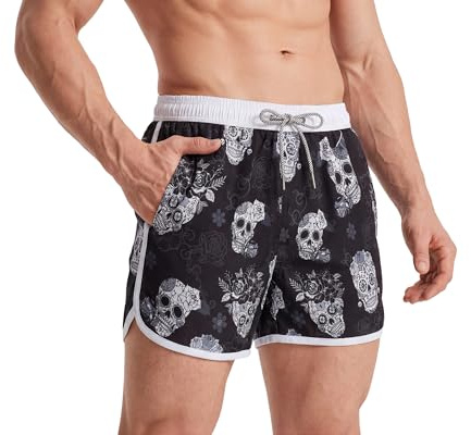 MaaMgic Short de Bain Homme Vintage - Maillot de Bain Homme Bermuda Séchage Rapide Doublure Confortable avec 3 Poches, Crâne Noir, L