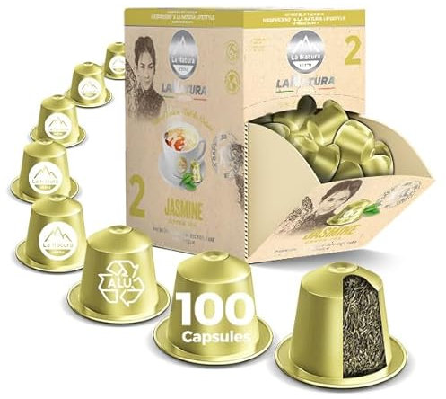 Lot de 100 capsules de thé vert jasmin de qualité supérieure, compatibles avec les machines à capsules Nespresso, réputées pour leur goût doux et leur effet vivifiant, La Natura Lifestyle
