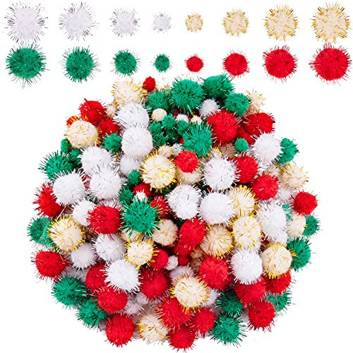 1200 Stück Weihnachten Mini Glitzer Flauschige Lametta Kugeln für Handwerk Herstellung und Weihnachtsdekoration, Gold Rot Weiß Grün 4 Größen