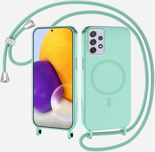 SLWYF Magnetische Handykette für Samsung Galaxy A72 5G/A72 4G Hülle mit Band, Handyhülle Kompatibel mit MagSafe, Silikon Necklace Handyhülle mit Abnehmbar Kordel zum Umhängen Case - Minzgrün