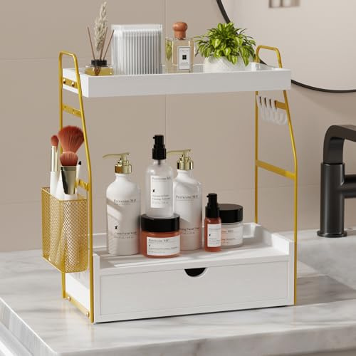 2 Tier Bathroom Counter Organizer with Drawer & Basket, Wooden Vanity Tray Countertop Shelf Accessories for Makeup Storage, Coffee Bar Station, Perfume Skincare, Kitchen, Bedroom (White & Gold)