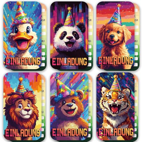 ZELAITE 12 Stück EINLADUNGSKARTEN KINDERGEBURTSTAG Mädchen Junge, Tier Einladungskarten, 6 Tier Motiven geburtstagseinladungen inkl. 12 Briefumschläge (D)