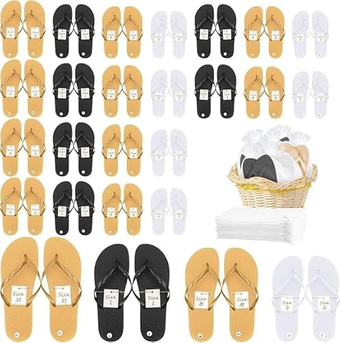 Lot de 24 paires de tongs pour invités de mariage – Pantoufles de mariage, cadeaux de fête de mariage, spa, pantoufles avec carte des tailles et sac à cordon de serrage, 4 tailles, blanc, noir, orange