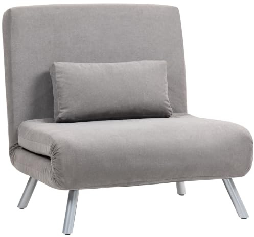 HOMCOM Single Chair Bed, 3-in-1 Click Clack Convertible Bed Settee with Adjustable Backrest, Snow Flannel Upholstered Lounge Couch with Pillow for Living Room, Bedroom, Home Office, Small Space, Grey