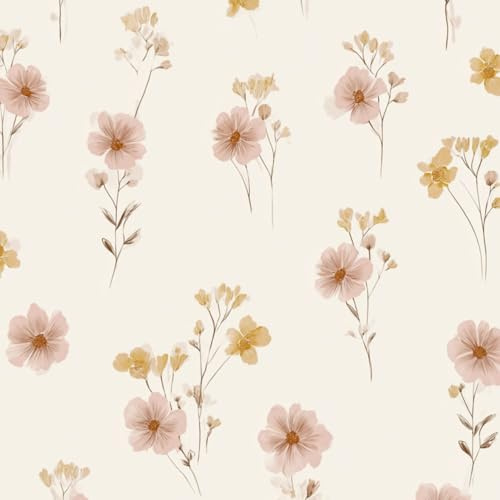 DERUINVAIO Self Adhesive Feature Removable Soft Pastel Floral Pink Yellow Blossoms White Peel and Stick Vinyl Wallpaper Roll, Sticky Lining Paper for Bedroom, Living Room, Kitchen Walls