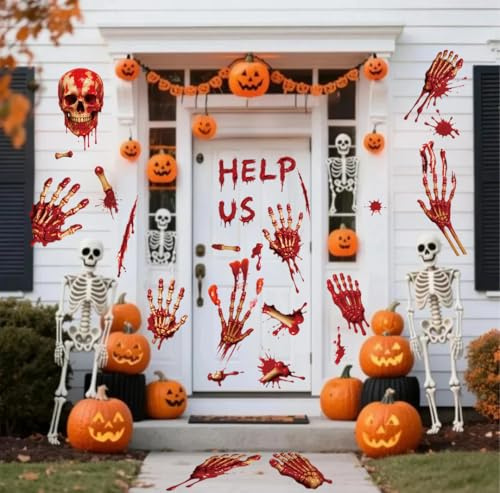 65 PCS Halloween Fenster Dekorationen Aufkleber Blutiger Handabdruck Fußabdruck Scary Skeleton Party Dekor für Indoor/Outdoor Gebrauch 10 Blätter