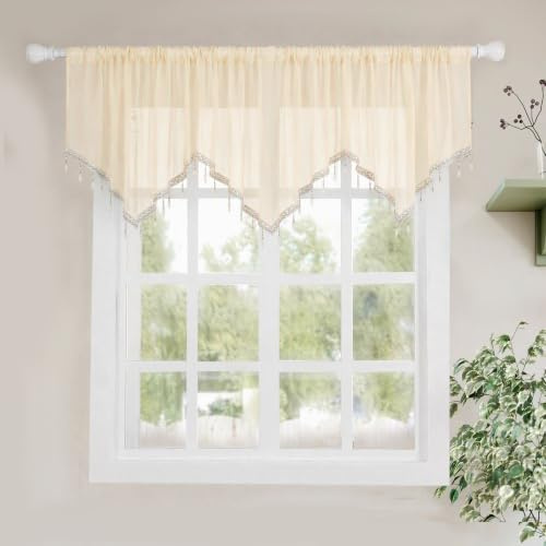 Molaxhome Swag Curtain Scalloped Curtain Valance Drape Sheer Lace Panel 1pc | 51 inch Length,Rod Pocket,Hanging Crystal Beads,Kitchen Valance,Bedroom Valance,Window Treatments,Beige,51Wx23L inch