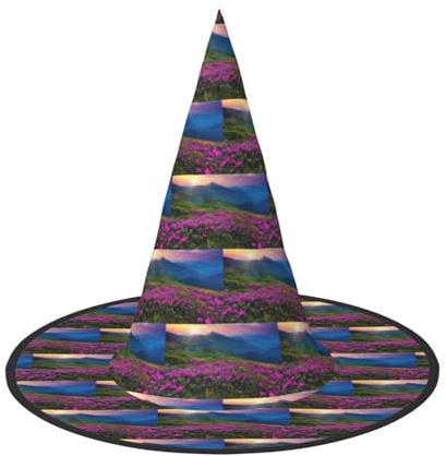 YBGHDAA Natur-Hut mit violetten Blumen, Wiese, Berg, malerischer Druck, Halloween-Hut, Hexenhüte für Partys, faltbar, leicht, Rollenspiel-Kappen für Cosplay, 2 Stück