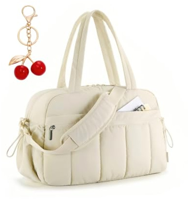 VOKUVIKU Sporttasche Damen – Große Fitness Tasche mit Kirschen Anhänger (Geschenk), Wasserdichte Weekender Reisetasche für Gym, Schwimmen, Reise, Beige