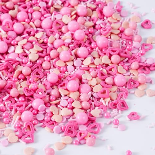 Essbare Valentinstag Zuckerstreusel 120g - Streusel Deko mit Rosa Herzen & Perlen - Bunte Mischung mit Nonpareils & Jimmies für Kuchen, Kekse, Cupcakes, Torten, Desserts