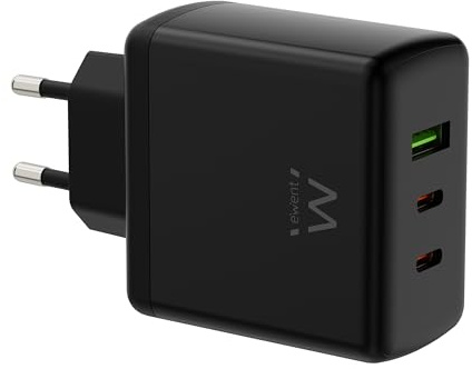 Ewent Caricatore USB C Rapido GaN 65W, Pod a 3 Porte 2×USB-C PD + 1×USB-A QC, Alimentatore Compatto per MacBook PRO/Air, iPad PRO, iPhone, Samsung, Android, Tablet e Laptop, Nero