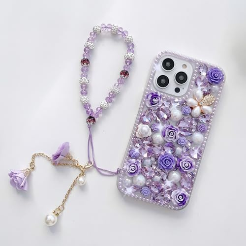 Ymyhyuxi Luxury 3D Floral Phone Case for iPhone Xs Max, Handmade Pearl Crystal Rhinestone Cover with Decorative Roses, Purple Charm Strap