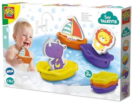 SES Creative - Tiny Talents - Badeboote - Safaritiere - Badewannenspielzeug - Badespielzeug - Spielzeug für Kinder und Babys - Mit Drie Schuimfiguren - Ab 10 Monaten