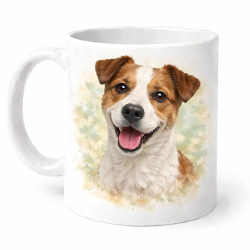 Brew Crew Gifts Jack Russell Terrier Mug, Watercolour Dog Design, White Ceramic Coffee Mug with Tricolour Markings