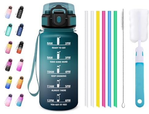 JAPORIA Botella de Agua Deportiva 500ml, Botella con Marca de Tiempo, Cantimplora con Pajita, Reutilizable, para Deporte, Oficina, Bicicleta