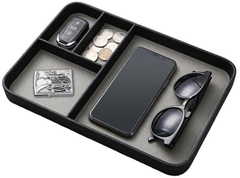 Taschenleerer Organizer Tablett, PU Leder Valet Tray mit 4 Fächern für Handy Schlüssel Uhr Schmuck und Geldbörse für Nachttisch Schreibtisch Büro im Eingangsbereich, Schwarz