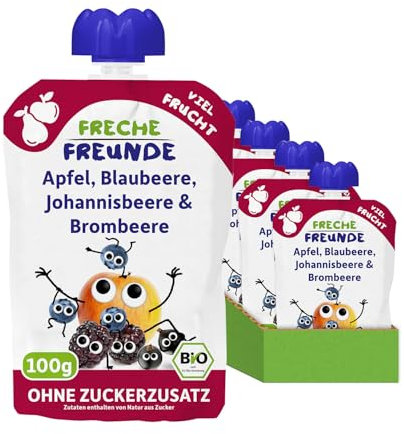 FRECHE FREUNDE Bio Quetschie Apfel, Blaubeere, Johannisbeere & Brombeere, Fruchtmus im Quetschbeutel für Babys ab dem 6. Monat, glutenfrei & vegan, 6-er Pack (6 x 100g)