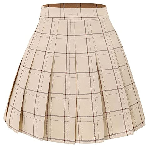 Hoerev Frauen Mädchen Kurze hohe Taille gefaltete Skater Tennis Schule Rock,Beige Streifen,EU 40/ XL