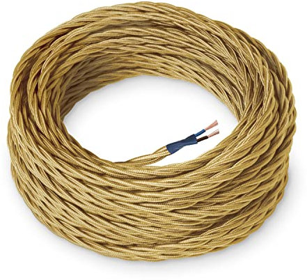 Amarcords - Câble électrique textile couleur OR, torsadé, soie, 10 mètres, à 2 brins 2x0,75 - Fil vintage en tissu coloré, pour lampes, lustres, appliques et abat-jours.