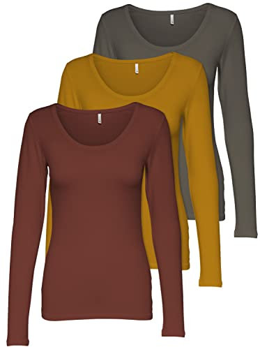 ONLY 3er Pack Damen Langarmshirt schwarz und weiß Langarm Basic Longsleeve Sommer aus 95% Baumwolle XS S M L XL 15209156 (3er Pack Farb Mix 3, XL)