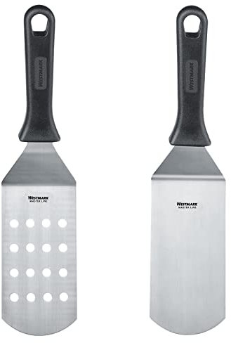 Westmark Set 2tlg.: 2 Profi-Wender/Grill-Spachtel (Gewinkelt, Flexibel) mit gelochter und geschlossener Klinge, Rostfreier Edelstahl/Kunststoff, Master Line, Schwarz/Silber, 133722E6