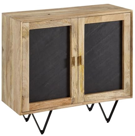 FineBuy Sideboard 80x75x35 cm Mango Massivholz/Stein-Optik Anrichte, Kommode mit 2 Türen, Kleiner Kommodenschrank Holz Massiv, Standschrank Mehrzweckkommode mit Metallgestell