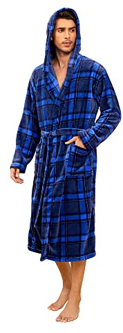 Vulcanodon Mens Robe with Hood, Fleece Bathrobe Plush Robes for Men(Royal Blue Plaid,L/XL)