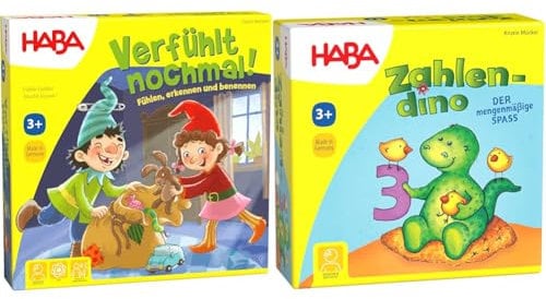 HABA 304508 Verfühlt nochmal, Fühlspiel für Kinder ab 3 Jahren, Holzteilen schult spielerisch die Feinmotorik & 4928 - Zahlendino Dinostarkes Zahlen- und Memospiel, für 1-4 Kinder von 3-8 Jahren