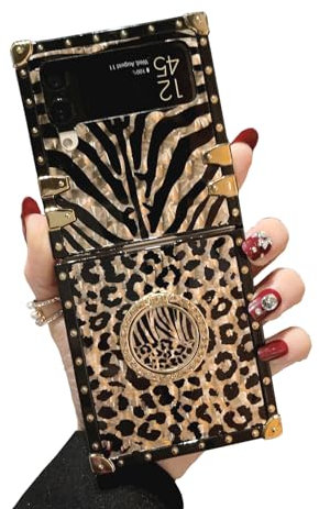LXXZBC for Samsung Galaxy Z Flip 3 Trunk Case,Luxury for Women Girls Box Design Gold Glitter Bling Cute Leopard Pattern Soft Cover with Finger Ring Grip Kickstand Phone Skin