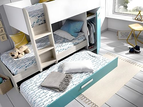 Vente-unique - Etagenbett Ausziehbett mit Stauraum + Matratzen - 3X 90 x 190 cm - Weiß, Naturfarben & Blau - Anthony