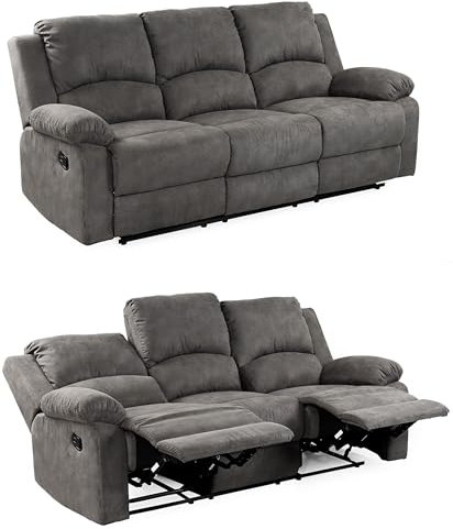 Dreisitzer-Sofa mit Tonnentaschenfederkern 204 cm breit, verstellbare 3er Couch durch praktische halbautomatische Relaxfunktion, Bezug Mikrofaser Vintage Anthrazit / 15131