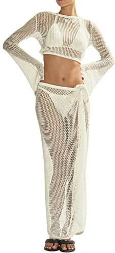 LANNEW Women's Swimsuits Cover Ups Set for Crochet Bathing Suit Hollow Out 2 Piece Bikini Coverup Beach Swimwear White