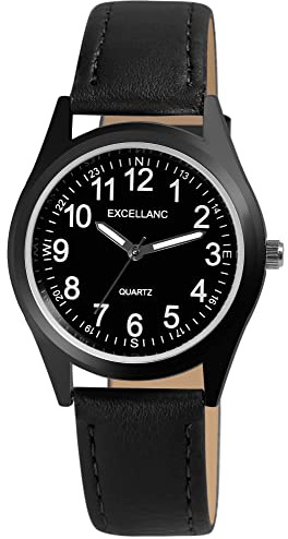 Excellanc Herren-Uhr Kunstleder Dornschließe Leuchtzeiger Analog Quarz 2900227 (schwarz schwarz)