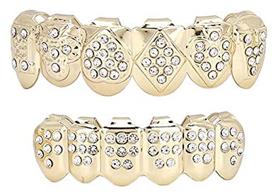 Grills Lächeln Temporär, Hip Hop Zähne Zahnersatz Zähne Set Hip Hop Bling Zähne Dekoration für Halloween Party (goldener anzug)