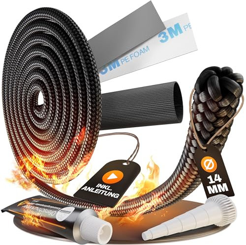 Ofen Dichtschnur 14mm - Komplettset mit Anleitung und Erklärvideo - Kamin Dichtband für Ofen + Kamin - Ofendichtband feuerfest inkl. aller Ersatzteile für Kaminofen mit Kleber für Ofendichtung 14 mm