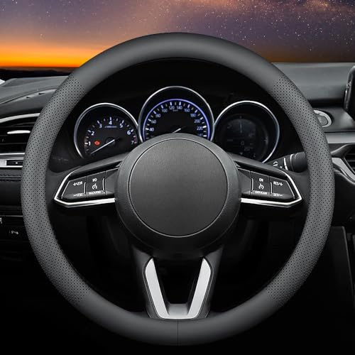 Carodi Leather car Steering Wheel Cover, Ultra-Thin, Comfortable, Non-Slip, Breathable, Universal 15 inches (Black)