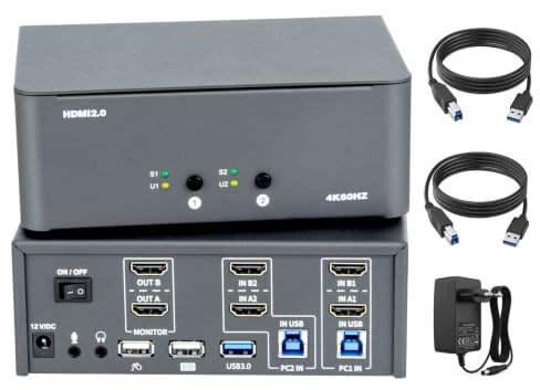KVM-Switch 2 Monitore 2 Computer, HDMI 4K@60Hz KVM-Switch mit USB3.0, 2 Computer teilen sich ein Set aus Tastatur, Maus und Monitoren, unterstützt Windows/Mac/Linux