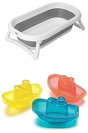 Bundle aus Rotho Babydesign Baby Badewanne Faltbar 2 Go, Für Babys ab 0 Monaten, 82 x 48,5 x 22 cm, Grau/Weiß, + Playgro Badeboote, 3 Stück, BPA-frei, Ab 6 Monaten, Bright Baby Boats, Blau/Rot/Gelb