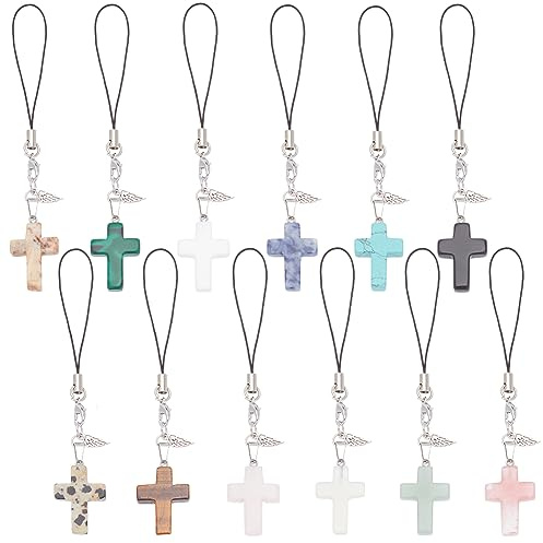 DELORIGIN Cross Phone Charms - 12pcs, Gemstone Hanging Pendants with Mobile Phone Lanyard Charms for Car Key Bag, Backpack and Purse Decoration