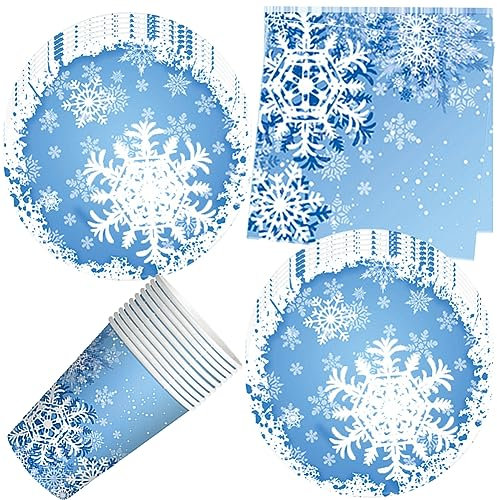HGSHUO Vaisselle Flocon de Neige Anniversaire Décorations pour Reine des Neige Vaisselle de Fête d'anniversaire Décorations de Fête Assiettes Gobelets Serviettes Hiver Mariage Baby Shower