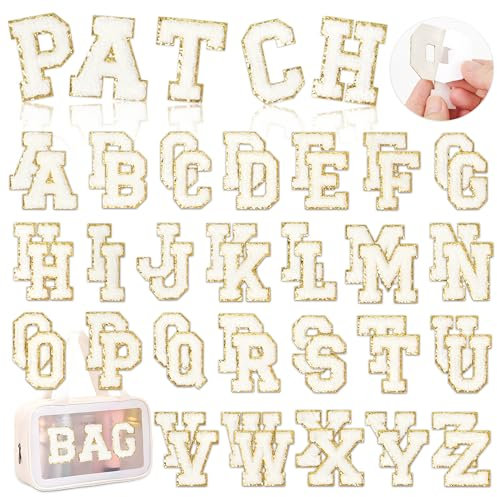 White Chenille Letters Self-Adhesive Patches: KINGSOW 52PCS Self Adhesive Varsity Iron on Letter Patches Stick on Embroidered Patch for Clothing
