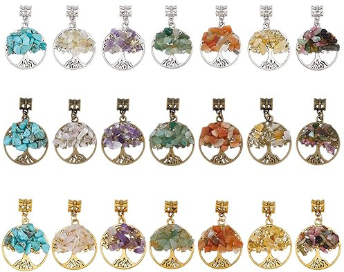 SUPERFINDINGS 21 pz Ciondoli con Pietre Preziose Albero della Vita Ciondoli Chakra di Cristallo di Quarzo Ciondoli con Pietre Preziose Miste Ciondoli Rotondi Piatti con Accessori in Lega