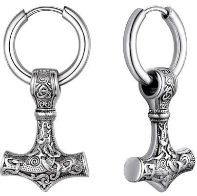 OIDEA Herren Wikinger Ohrringe Hammer: Silber Nordischer Thors Hammer Ohrhänger Creolen Ohrschmuck aus Edelstahl für Männer Damen als Geschenk in Weihnachten