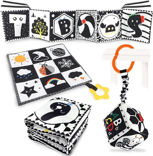 Collazoey Libros Tela Bebe Sensorial, Sonajeros, Libro Blanco Y Negro, Juguetes Sensoriales de Alto Contraste para Niños Pequeños 0-3-6 Meses