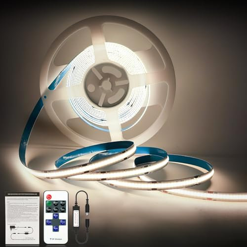 OPPEARL COB LED Streifen 5M 4000K, 24V LED Stripe Dimmbar, Lichtleiste Led Selbstklebend mit RF Fernbedienung, CRI90+, 480LEDs/M, Lichtband für Unterbau TV Küche Wohnzimmer DIY